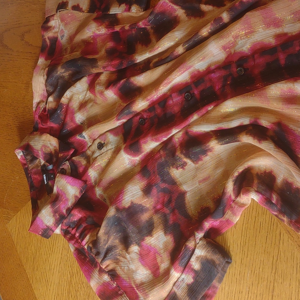 Y2K DKNY Sheer Button Up Blouse Vintage Metallic Tie Dye 90s Lightweight Summer